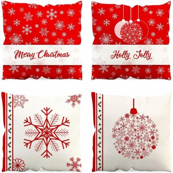 4 Pcs  Christmas Throw Pillow Covers | Winter Xmas Winter Snowflake 18x18 Inch - Picture 2 of 6
